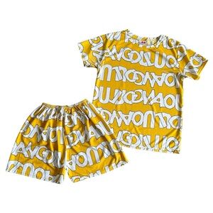 Yellow and white short sleeve t-shirt and shorts loungewear comfy chill set